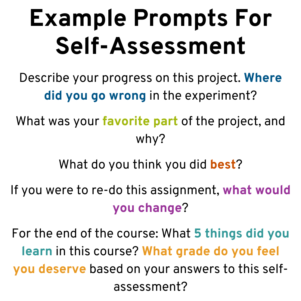 Example Prompts For Self-Assessment: describe progress, favorite part, what you did best, do different on re-do, what did you learn in the course? What grade do you think you earned?